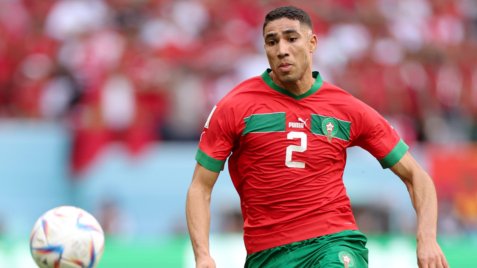 221214) -- AL KHOR, Dec. 14, 2022 -- Achraf Hakimi of Morocco, wearing the  jersey of